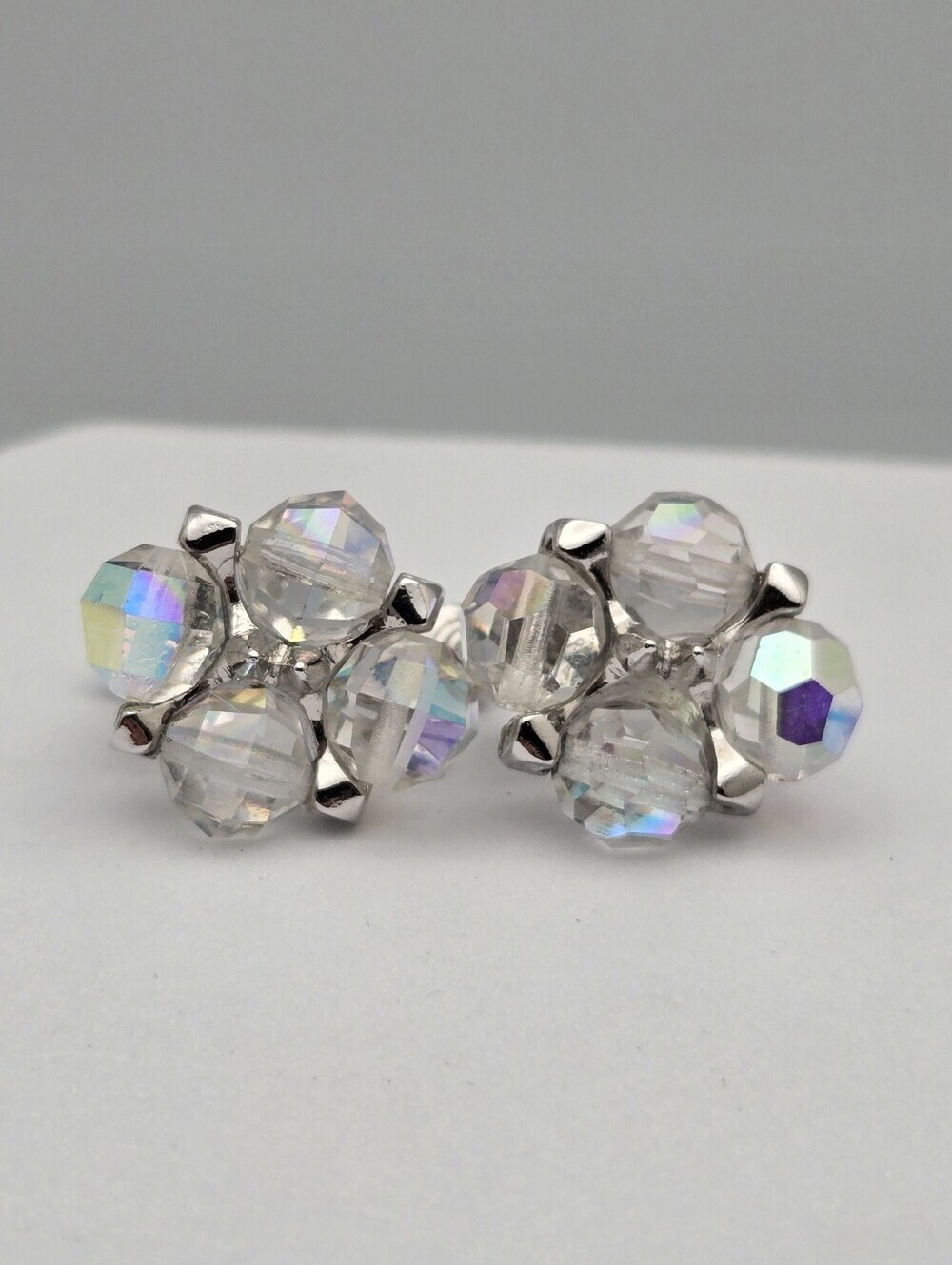 Vintage Aurora Borealis AB Crystal Cluster Clip-On Earrings 3/4"